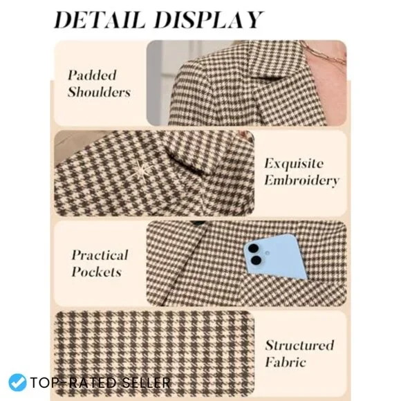 Plaid Blazer with Embroidered Collar Houndstooth Business Casual Office Jacket - Picture 4 of 7